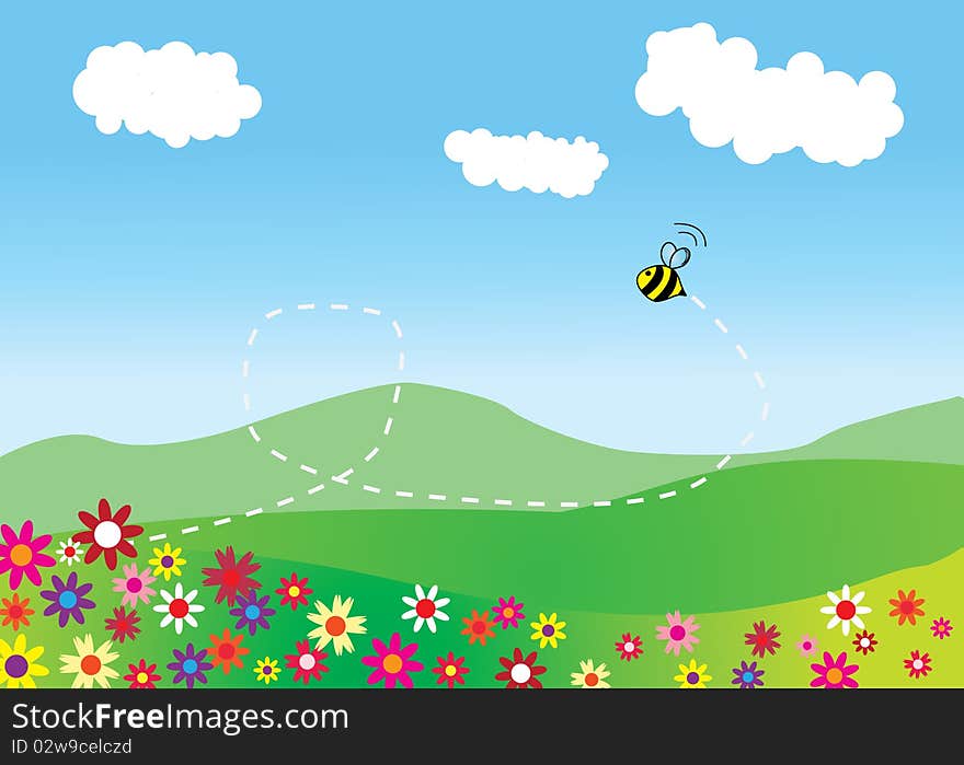 Nature landscape with flowers and flying bee. Nature landscape with flowers and flying bee