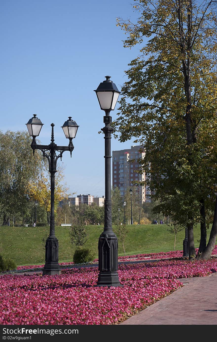 Two lamps in the autumn park.