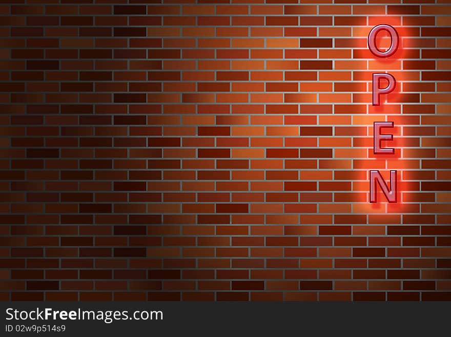 Retro tube sign with open message, placed on brickwall. Retro tube sign with open message, placed on brickwall