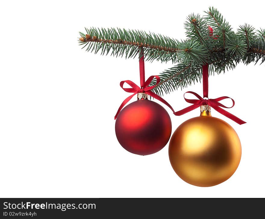 Christmas baubles with curly ribbon on christmas tree isolated on white. Christmas baubles with curly ribbon on christmas tree isolated on white