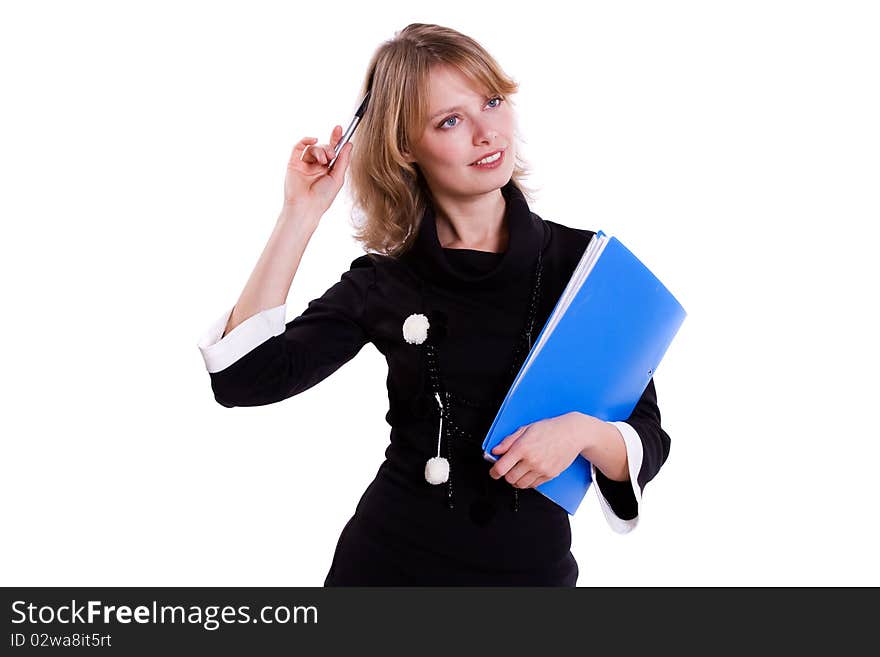 Successful business woman is thinking about something with folder and pen. Successful business woman is thinking about something with folder and pen