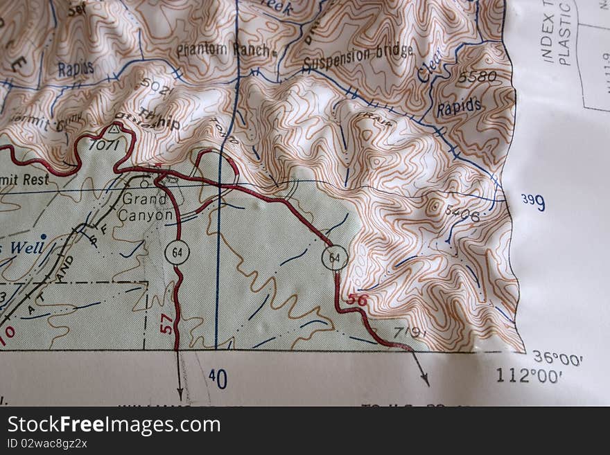 Corner section of a map of the Grand Canyon in Arizona, USA.  This is the corner section of a USGS Topologic Quadrangle map.  shaded-relief map. Corner section of a map of the Grand Canyon in Arizona, USA.  This is the corner section of a USGS Topologic Quadrangle map.  shaded-relief map