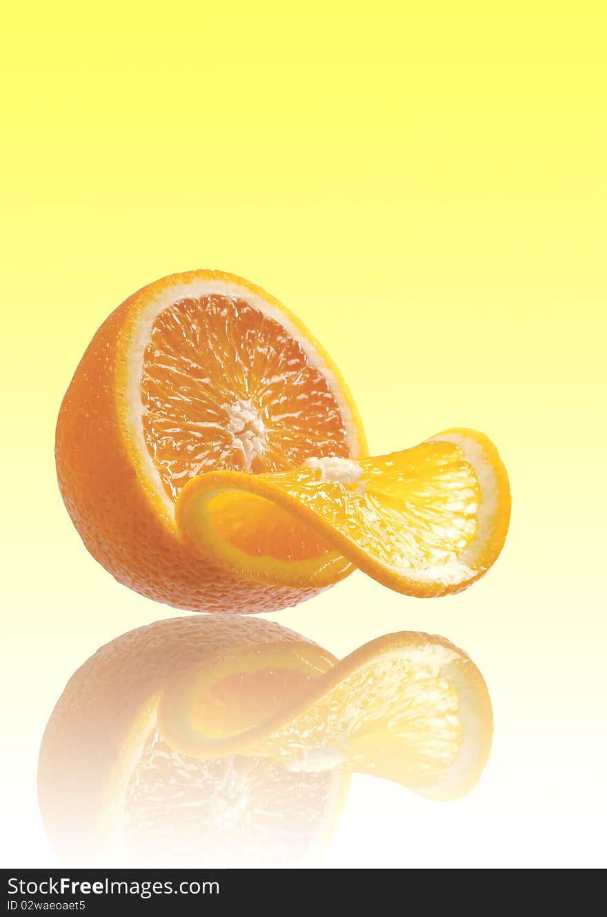 Single orange on a white isolated background using macro lens. Single orange on a white isolated background using macro lens