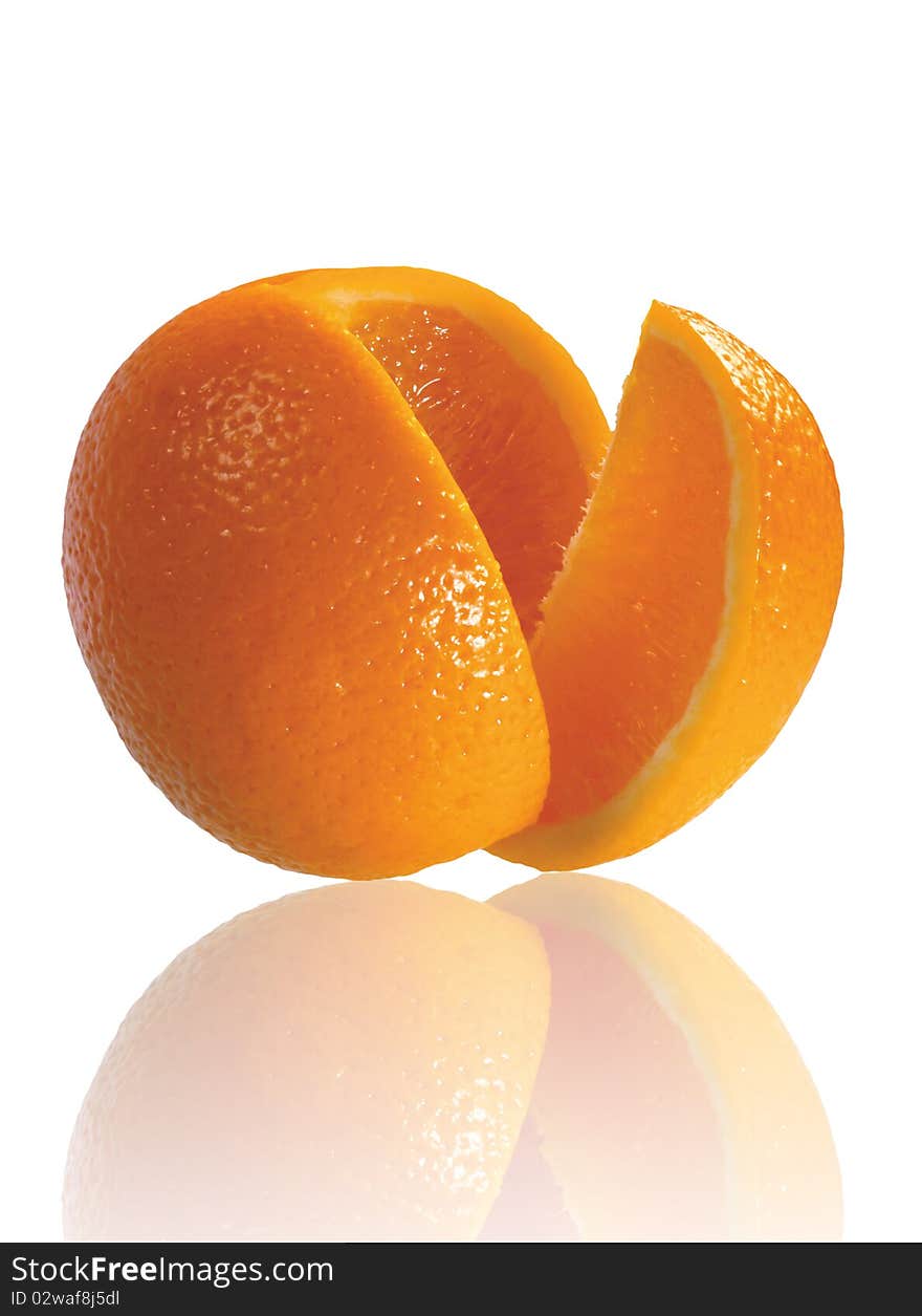 Single orange on a white isolated background using macro lens. Single orange on a white isolated background using macro lens