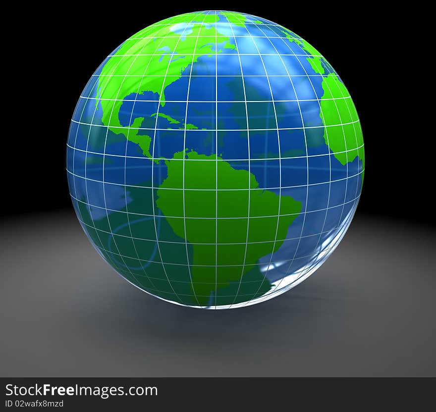 Abstract 3d illustration of glass earth globe over dark background