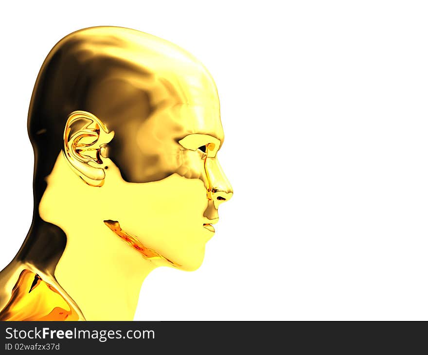 Abstract 3d illustration of golden head over white background with copyspace