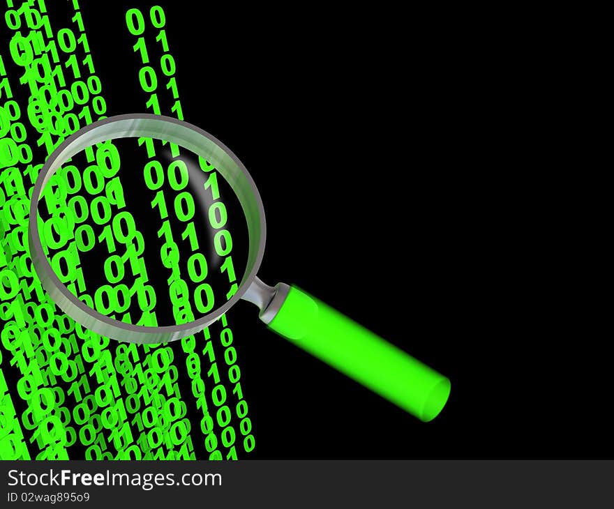 3d illustration of binary code and magnify glass, over black background. 3d illustration of binary code and magnify glass, over black background