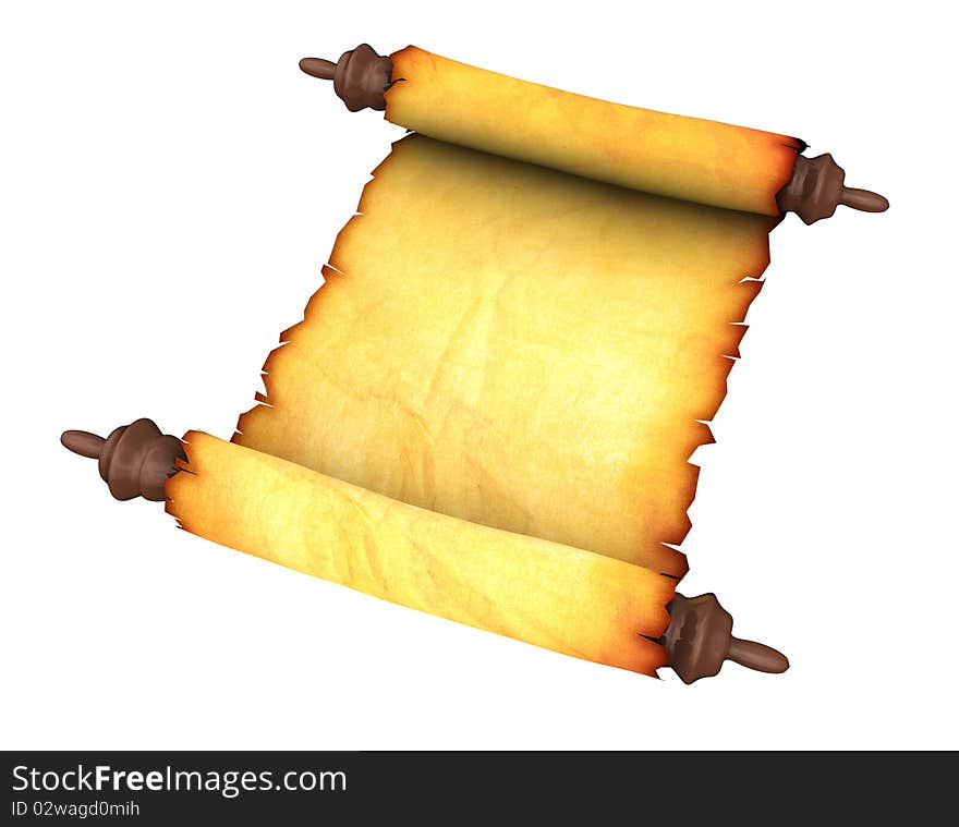 3d illustration of an ancient paper scroll, isolated over white