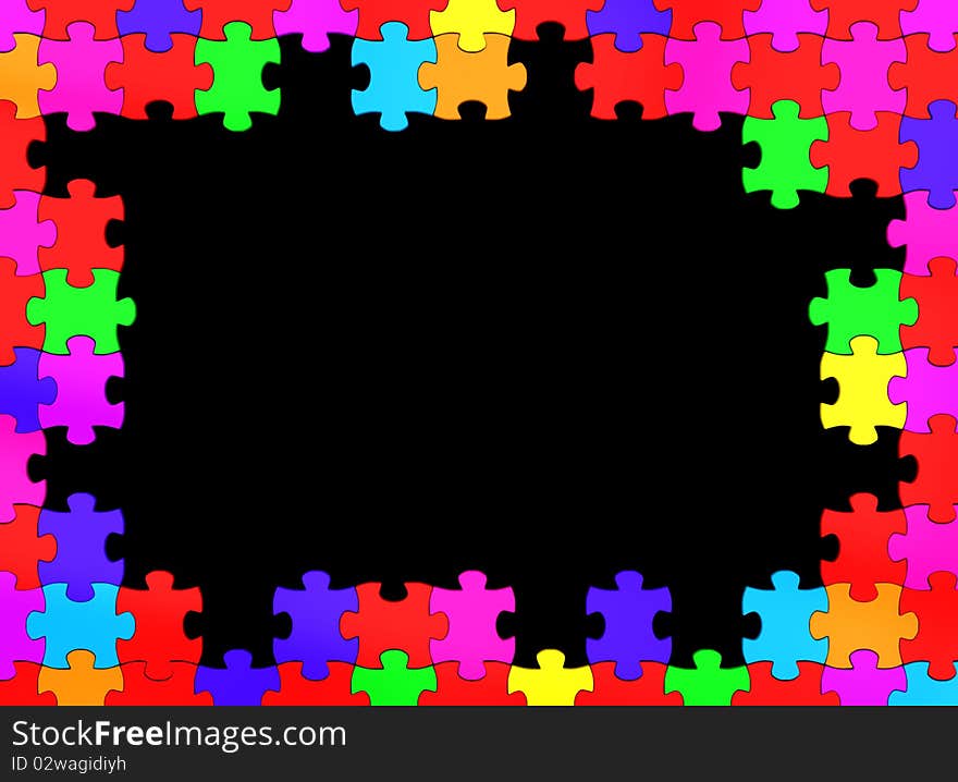 Abstract 3d illustration of colorful puzzle frame, isolated over black