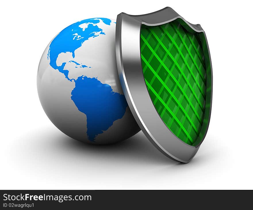 Abstract 3d illustration of earth globe with green shield. Abstract 3d illustration of earth globe with green shield