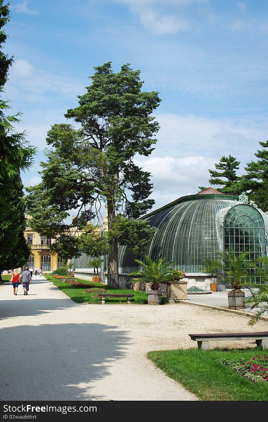 Park at Castle Lednice.Hothouse