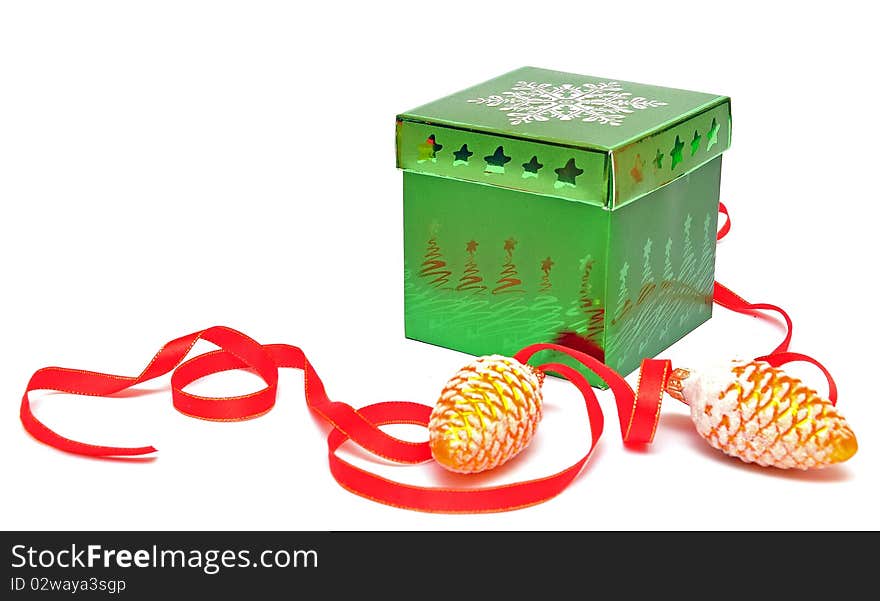 Box for gifts and christmas decoration on a white background