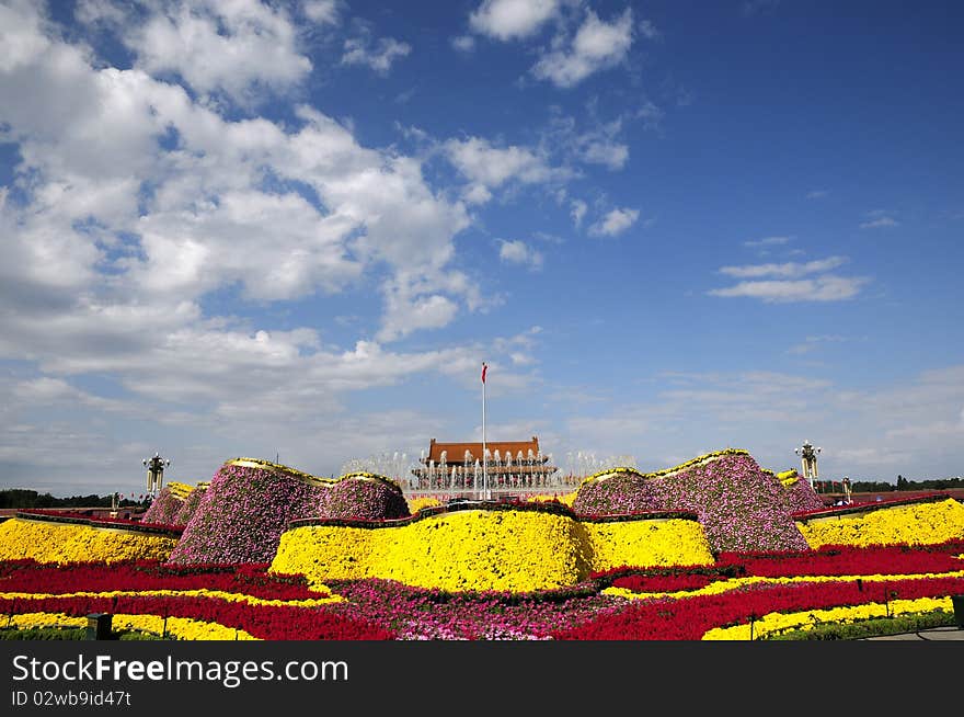 Tiananmen square in holiday with flower decoration