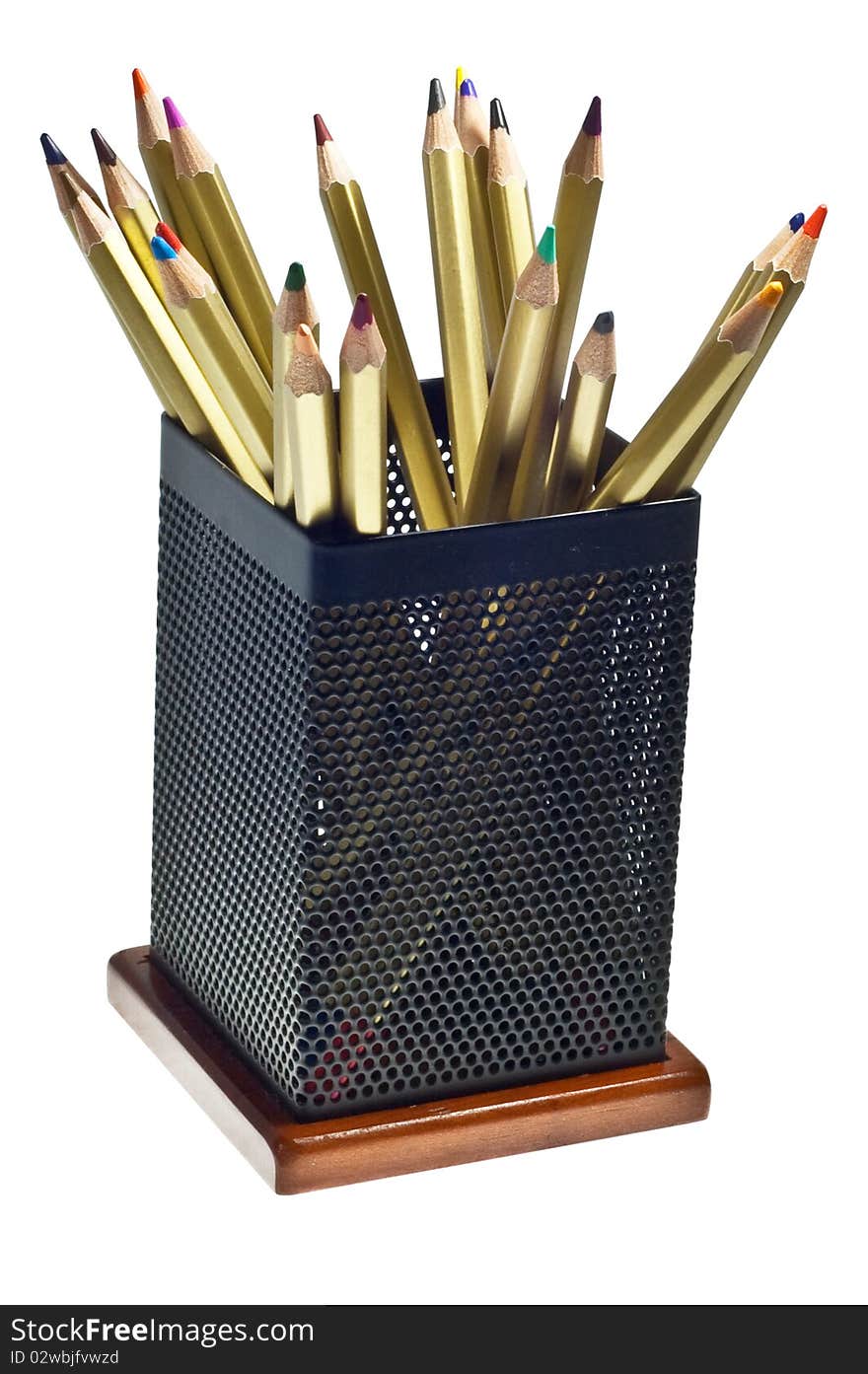 Multi-colored pencils cup isolated school writing. Multi-colored pencils cup isolated school writing