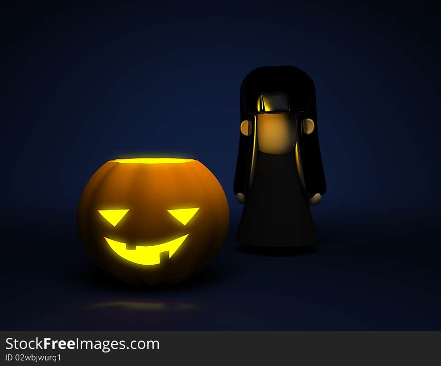 Pumpkin and little girl in a black dress, with black hair, dark-blue background. Pumpkin and little girl in a black dress, with black hair, dark-blue background