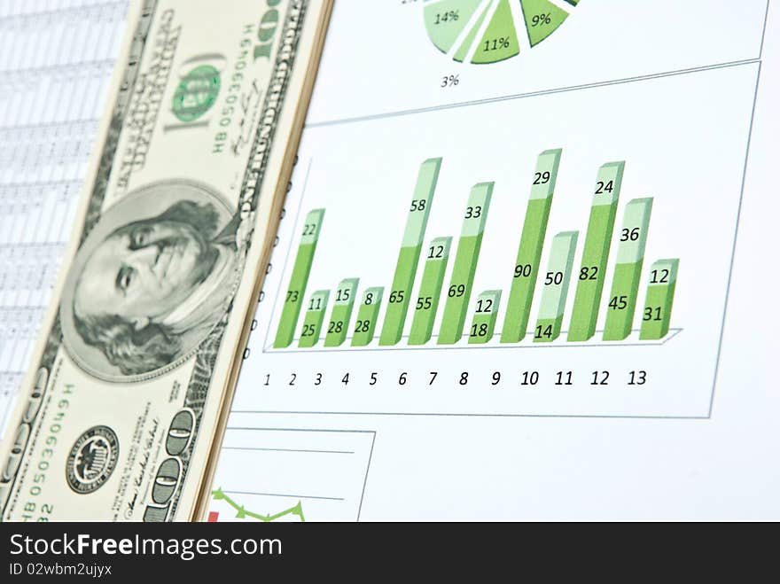 Business still-life with diagrams, charts and money