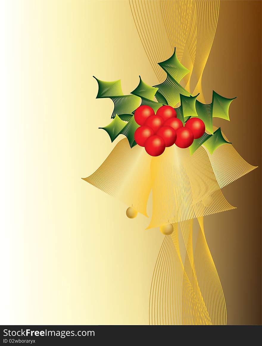 Golden Christmas bells decorated with holly and holly berries and a delicate floating vertical line pattern.