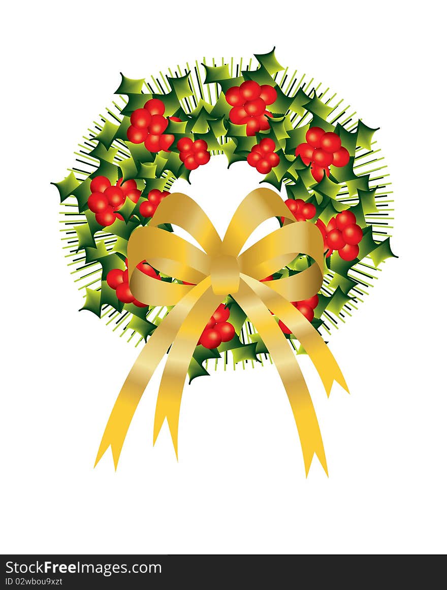 Christmas wreath decorated with holly berries and a large golden bow on a white background. Christmas wreath decorated with holly berries and a large golden bow on a white background