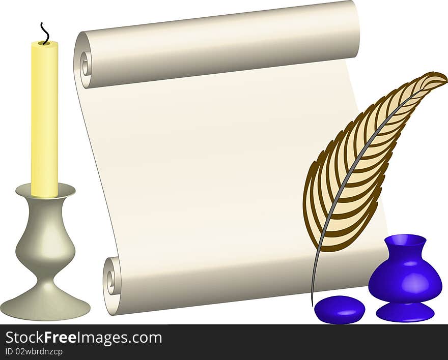 Illustration roll with feather and candle on white background