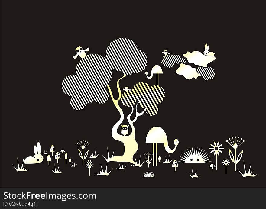 Vector drawing in lines. animals and tree