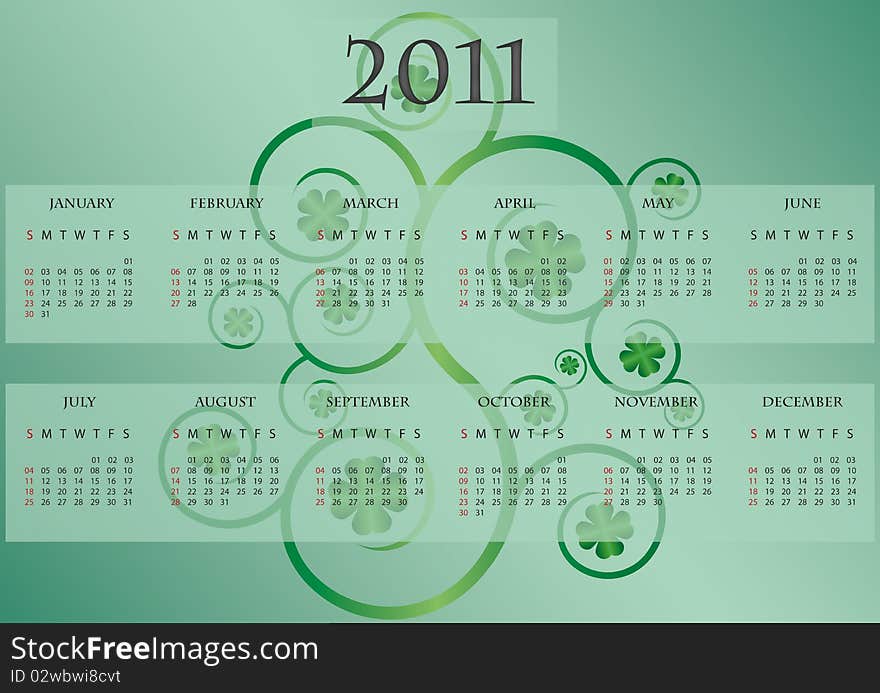 Calender on green background with shamrocks. Calender on green background with shamrocks