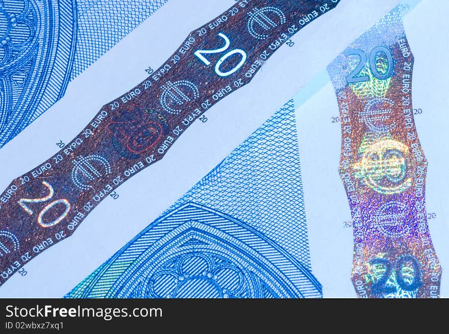 Security features on a 20-euro banknote. Security features on a 20-euro banknote