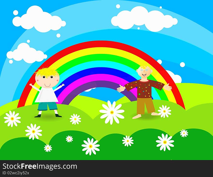 Cheerful boys stands around a rainbow raising his hands to the top. Vector. Cheerful boys stands around a rainbow raising his hands to the top. Vector