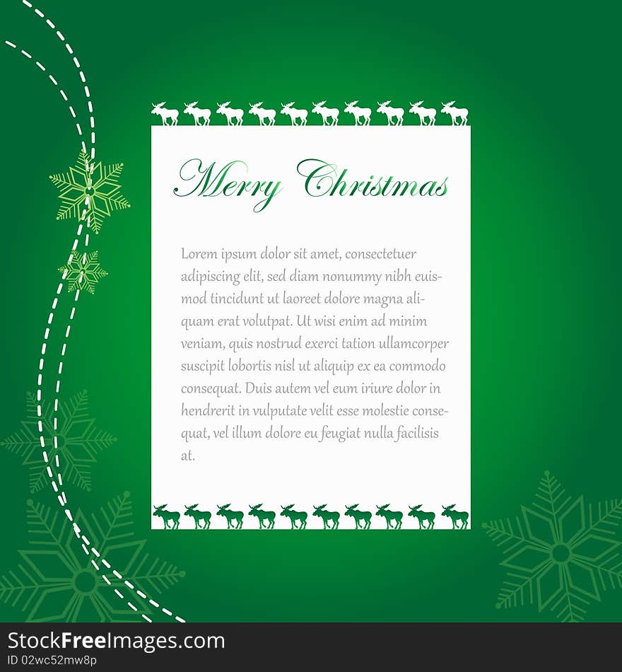 Christmas Wish Card with Moose, Green Colors and Snowflakes. Christmas Wish Card with Moose, Green Colors and Snowflakes