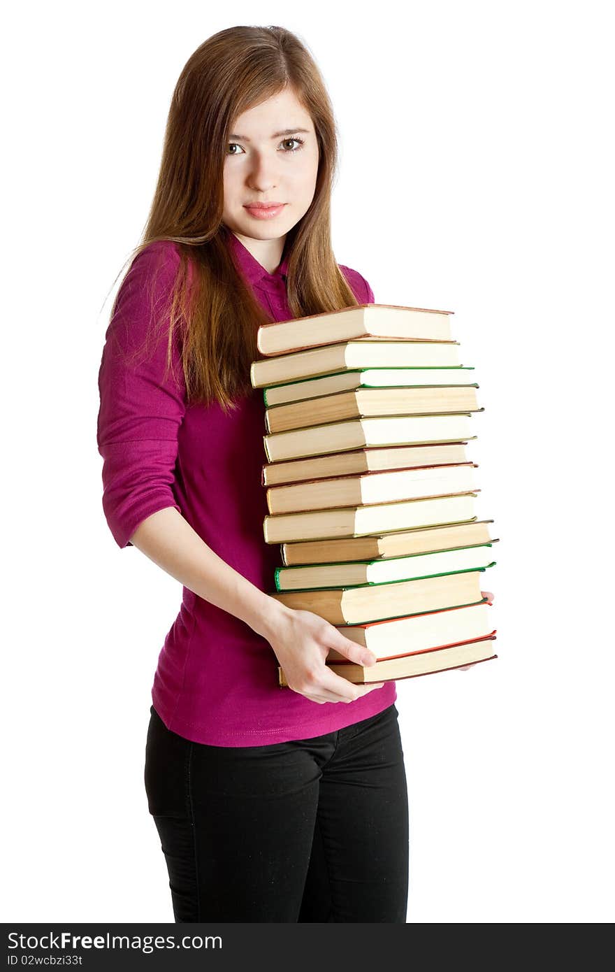 Young girl with pilе of books in hands. Isolated on white background