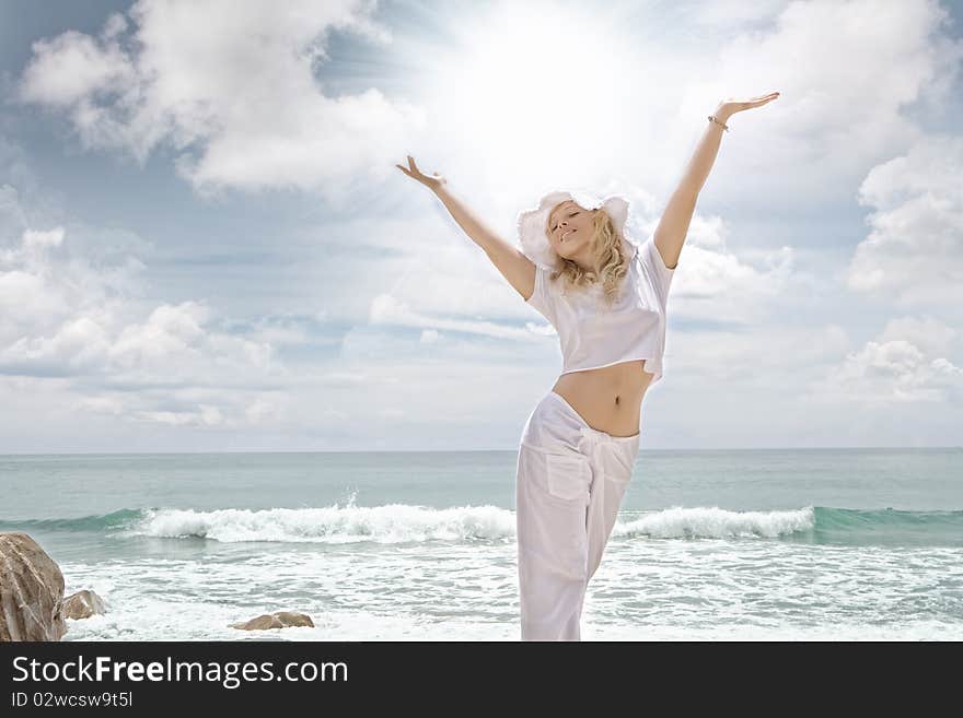 Portrait of nice young woman  having good time on tropical beach. Portrait of nice young woman  having good time on tropical beach