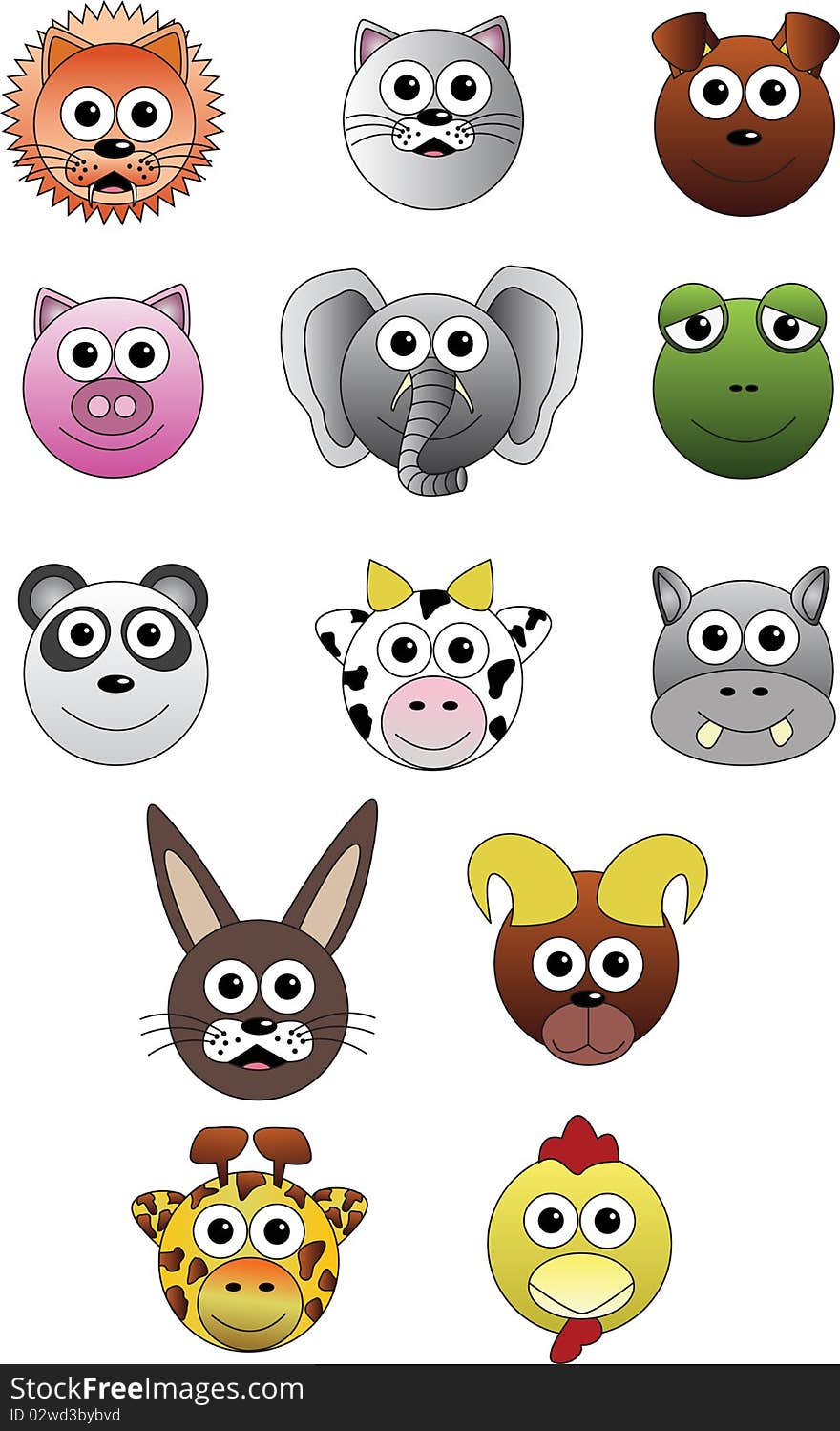 Set of various happy animals in multiple colors from different parts of the world.