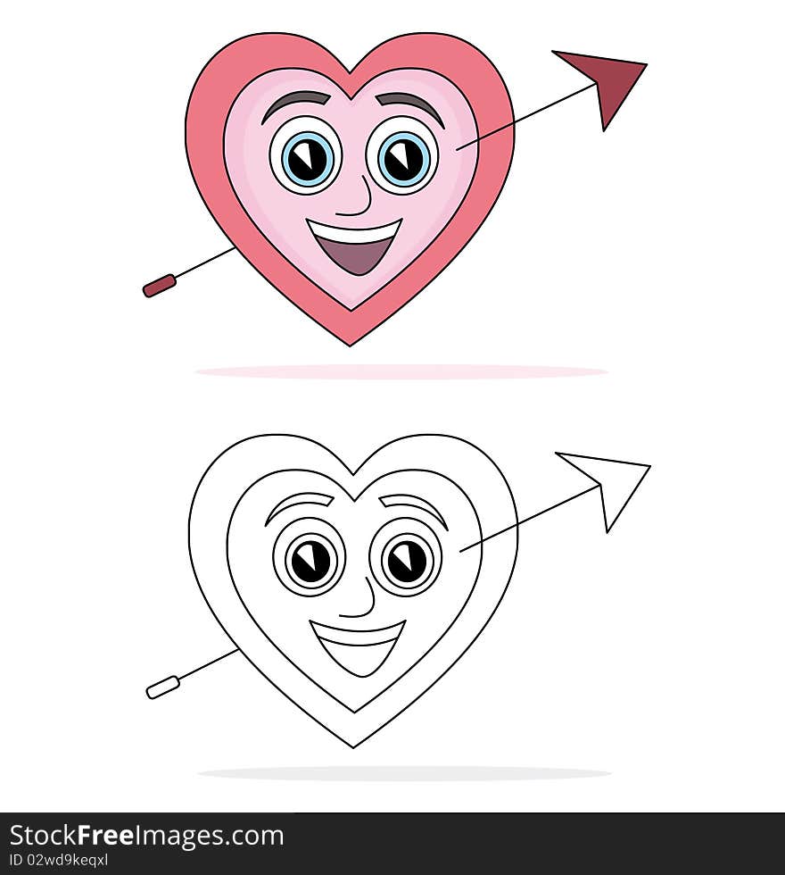 Happy heart cartoon with arrow. The black and white version is useful for coloring book pages for kids.