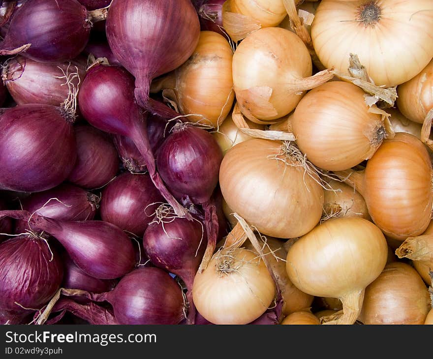 Red and white onions background