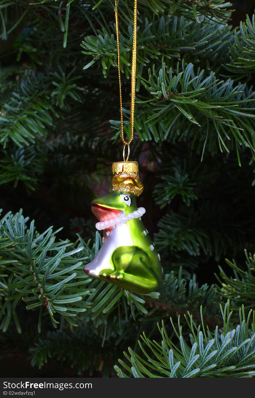 Christmas Frog Prince Tree Ornament hanging on Christmas Tree