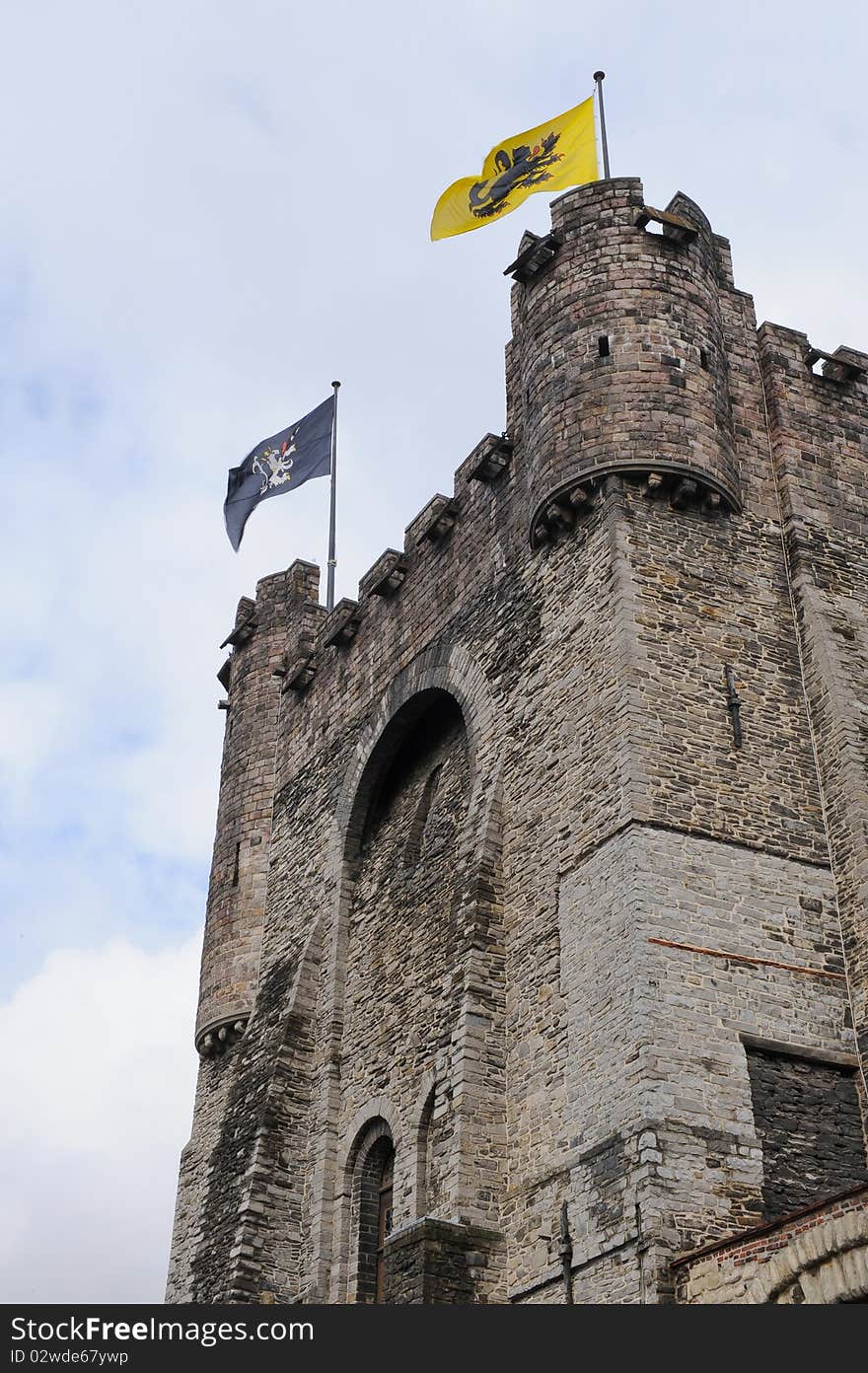 Old castle towers with flag