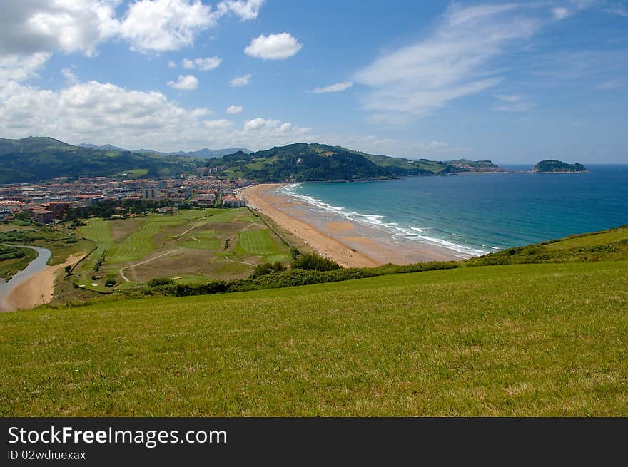 Bay overview Zarautz city sea. Bay overview Zarautz city sea