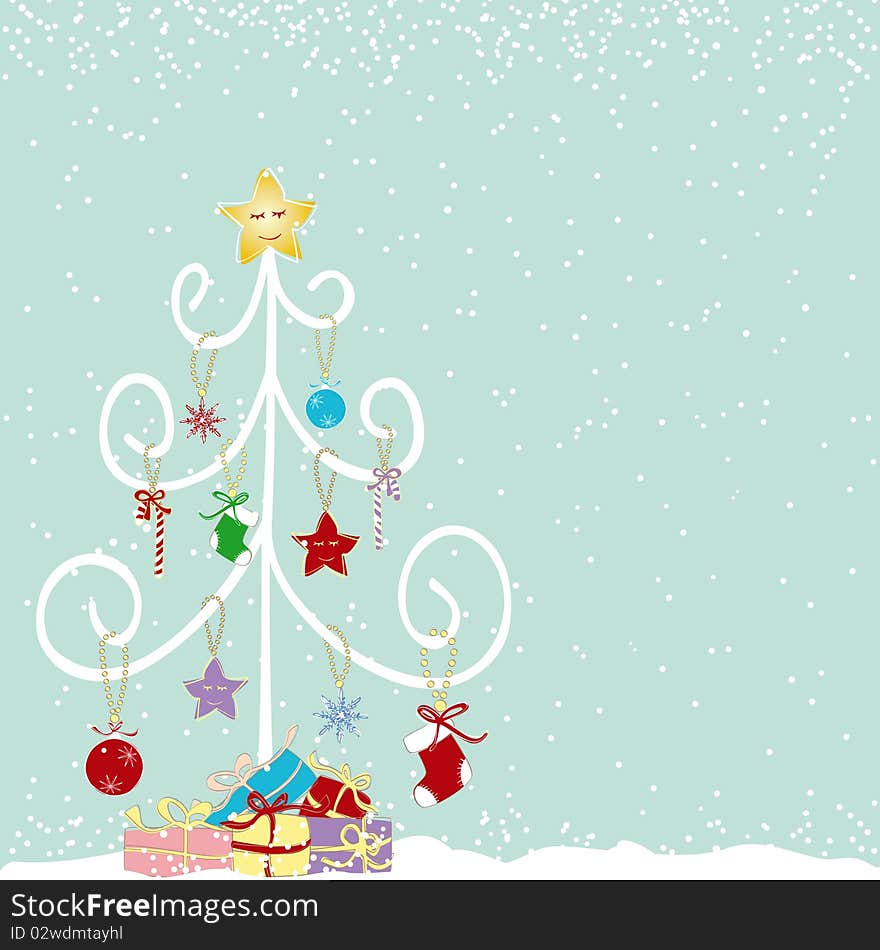 Abstract colorful christmas tree with snowfall background. Abstract colorful christmas tree with snowfall background