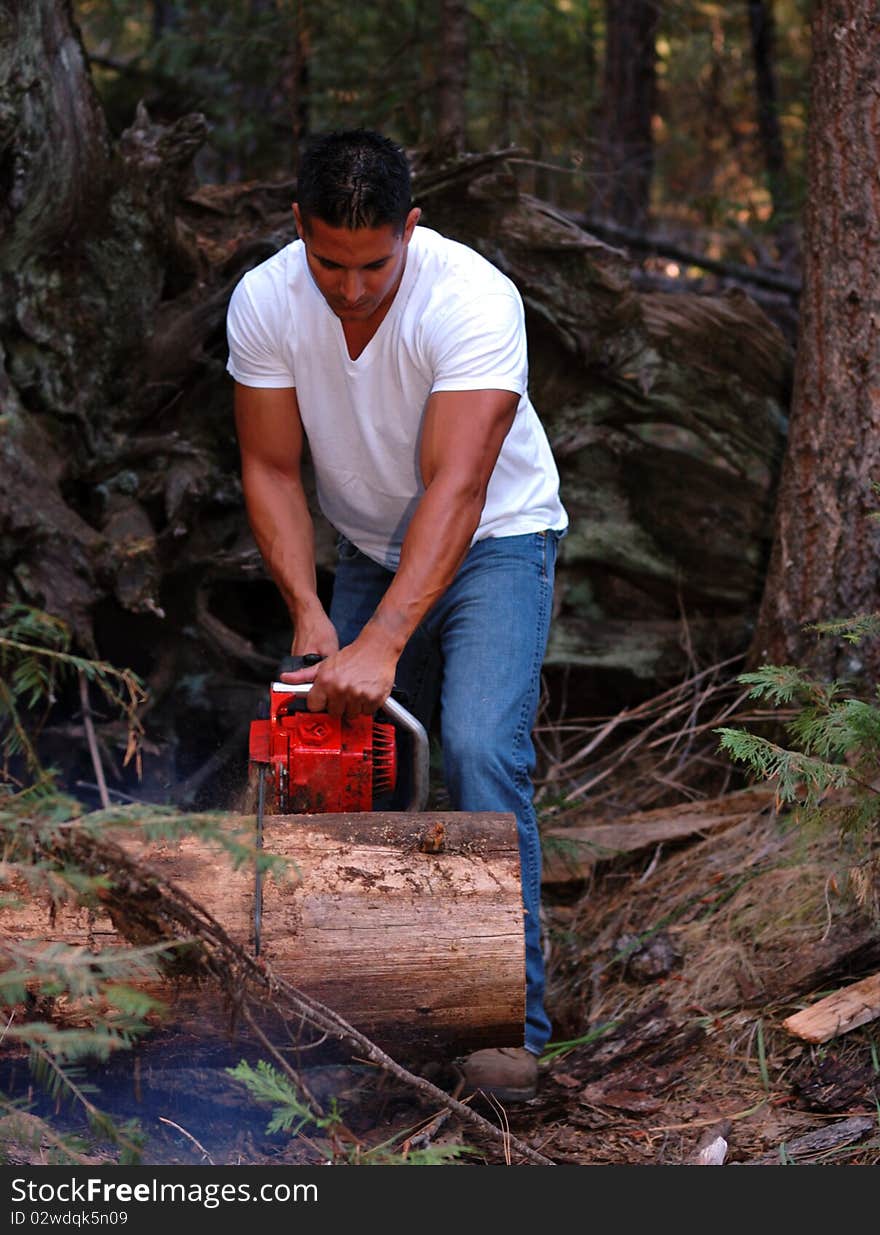 Image of male with chainsaw