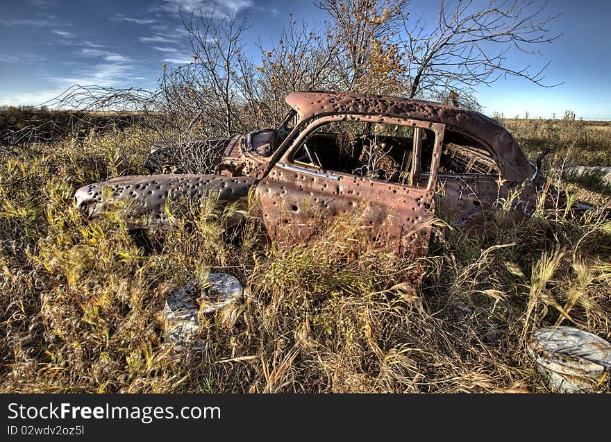 Vintage Car abandoned bullet holes target practice Saskatchewan