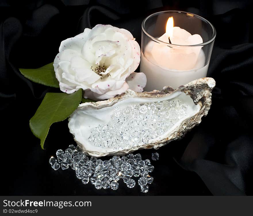 Transparent white crystals on a black background. Transparent white crystals on a black background