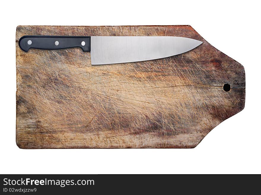 Kitchen knife on wooden table, isolated.