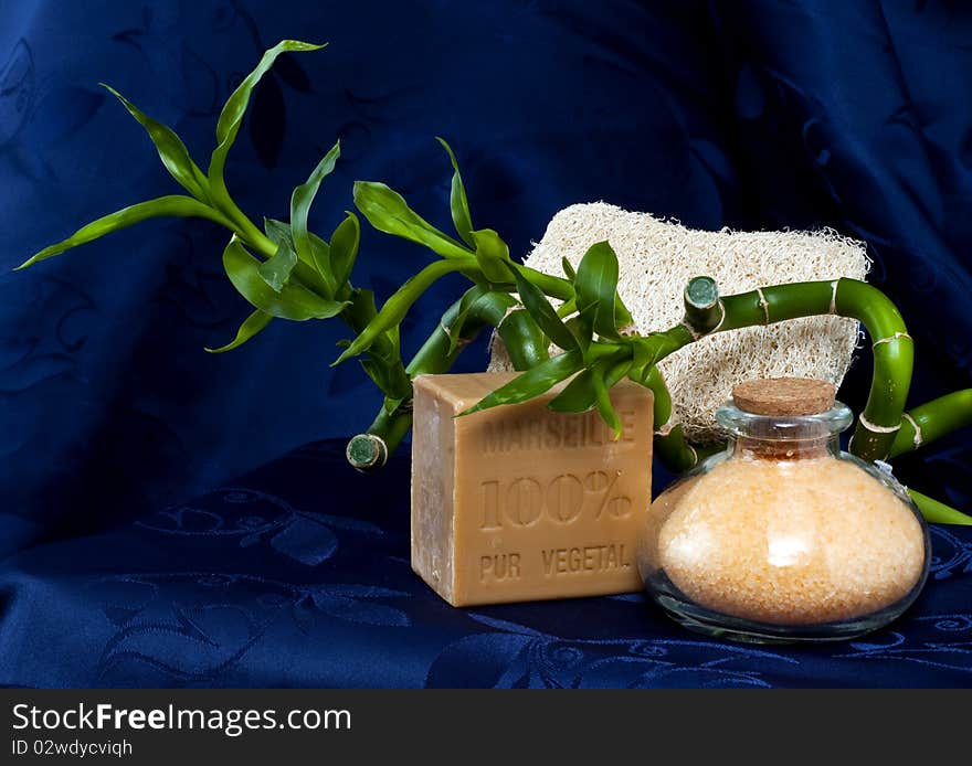 Composition with natural soap on a blue background. Composition with natural soap on a blue background