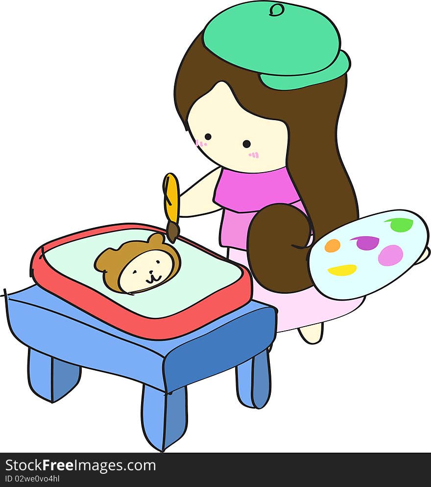 Young girl painting picture on table cartoon  illustration