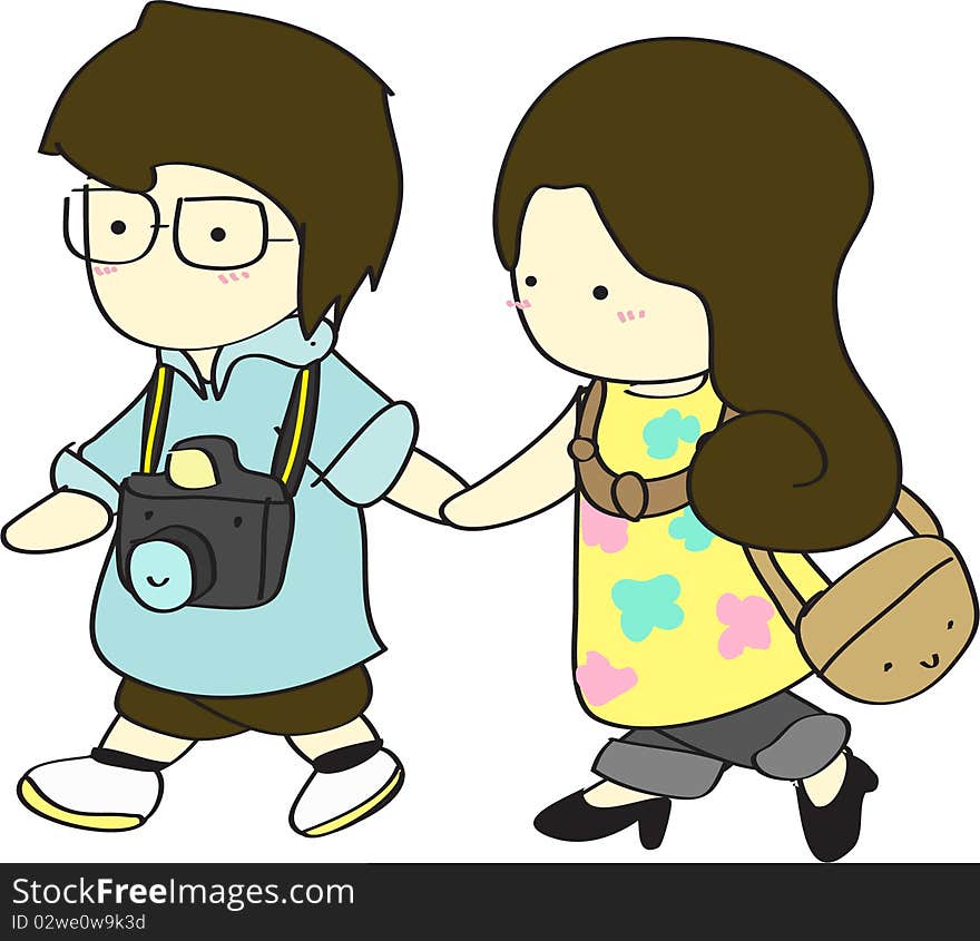 Cute boy and girl walking together cartoon illustration