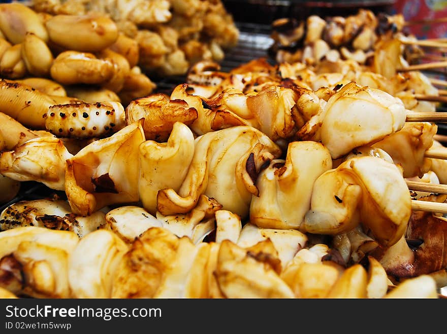 Many of grilled squid in Thailand fresh market. Many of grilled squid in Thailand fresh market