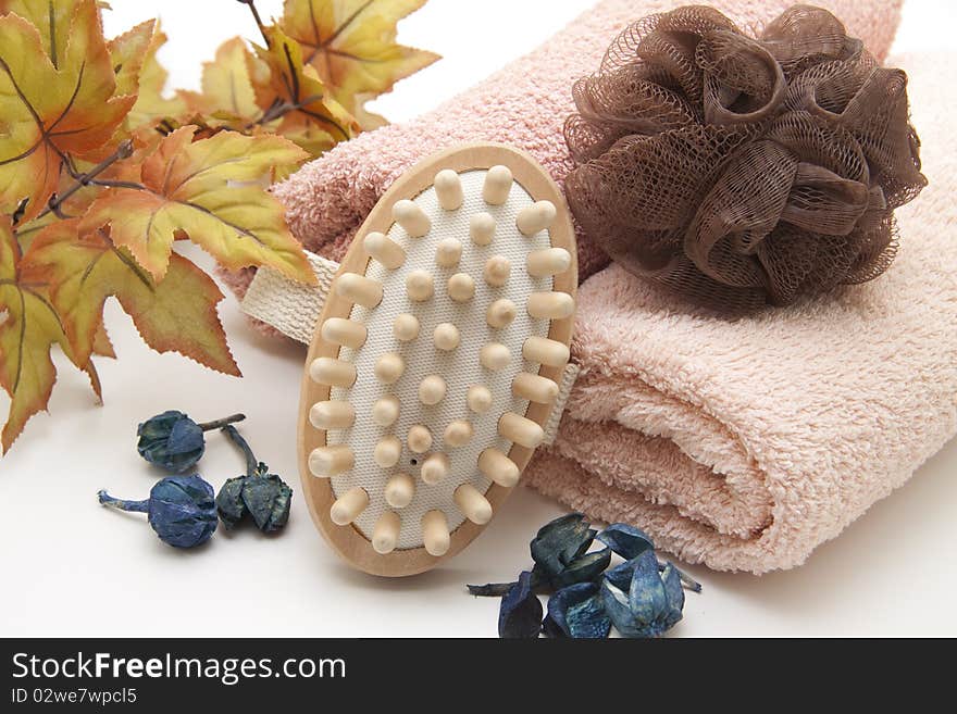 Towel with sponge and massage brush. Towel with sponge and massage brush