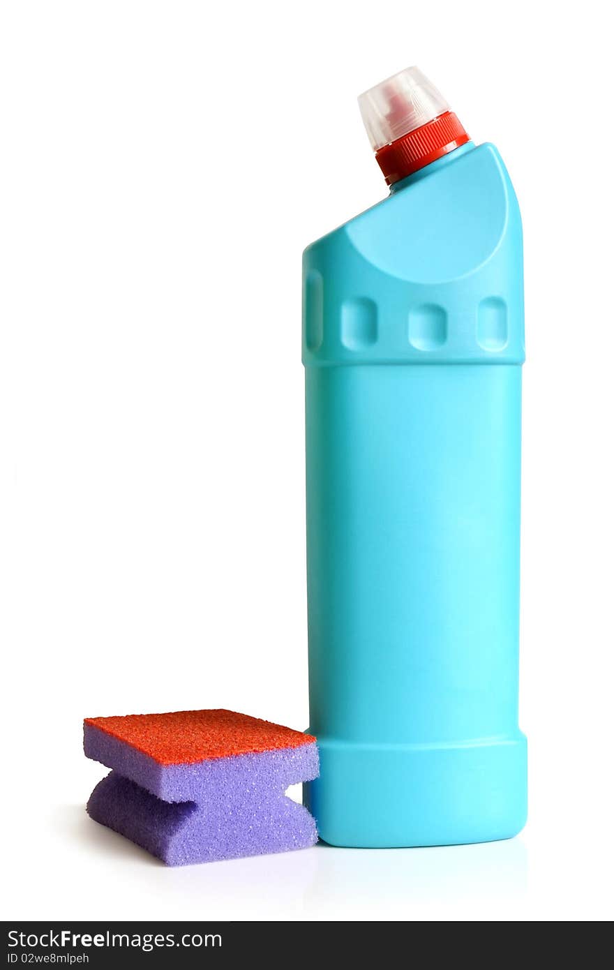 Plastic blue bottle and sponge