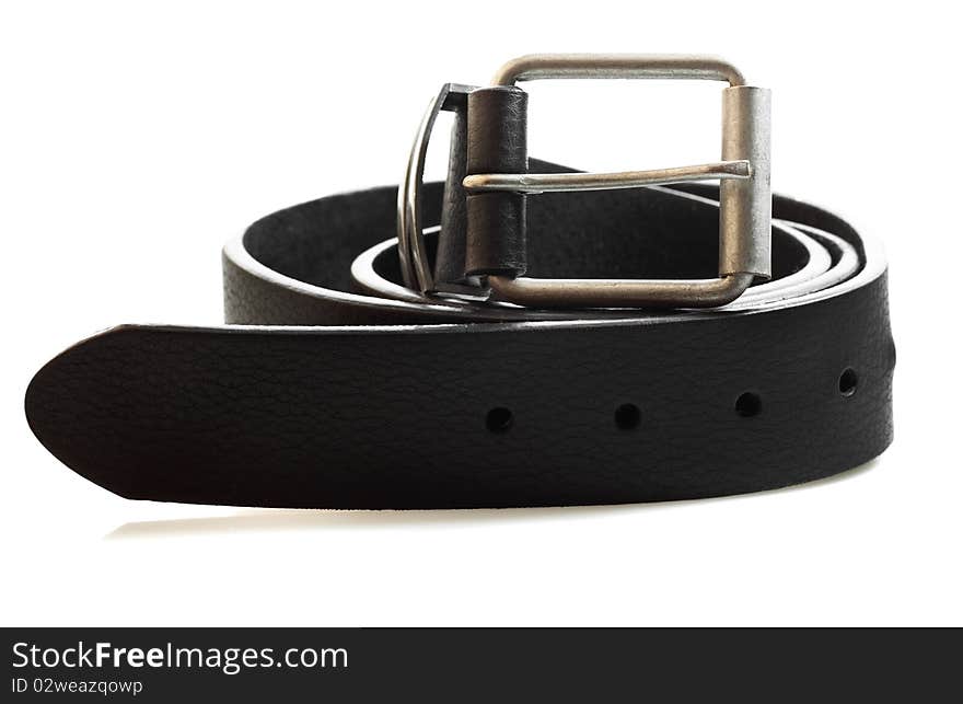 Black leather belt on a white background