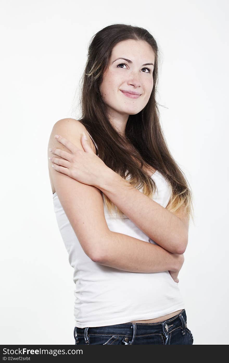 Portrait of beautiful young woman isolated on white background