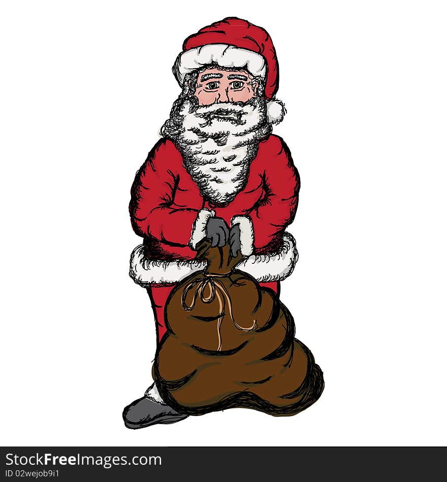 A image of Father Christmas with a large sack of presents hand-drawn in a sketchy style. A image of Father Christmas with a large sack of presents hand-drawn in a sketchy style